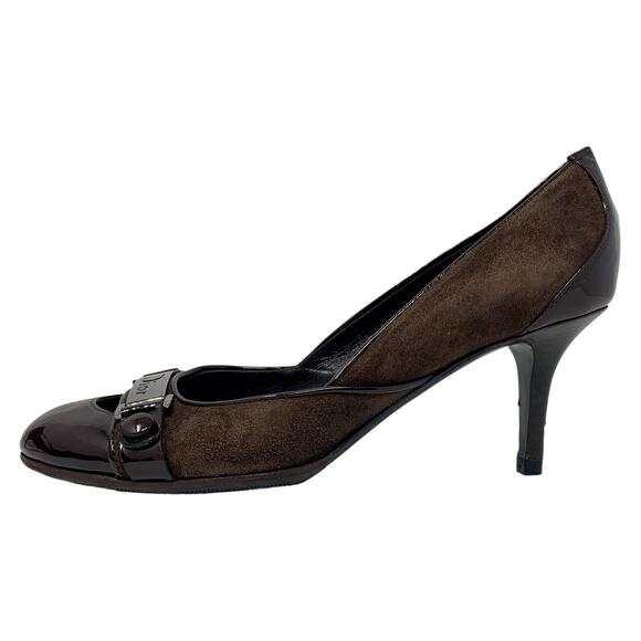 Vintage Dior Galliano Era Street Chic Brown Suede Patent Leather Logo Pumps 37.5 - Picture 2 of 16
